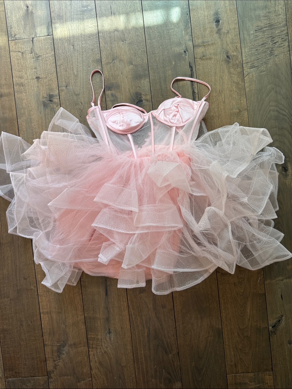 Girls' Pale Pink Tulle Ruffle Party Dress with Corset Bodice